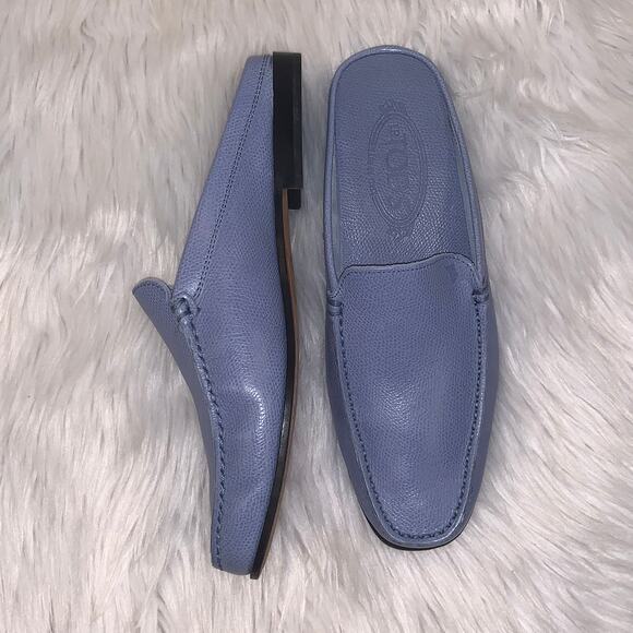 TODS Pebbled Leather Backless Slip On Drivers Mules Loafers, Blue - Picture 6 of 10